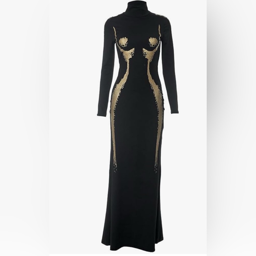 Micas Body Print Turtle Neck Langarm Maxikleid - Picture 4 of 9